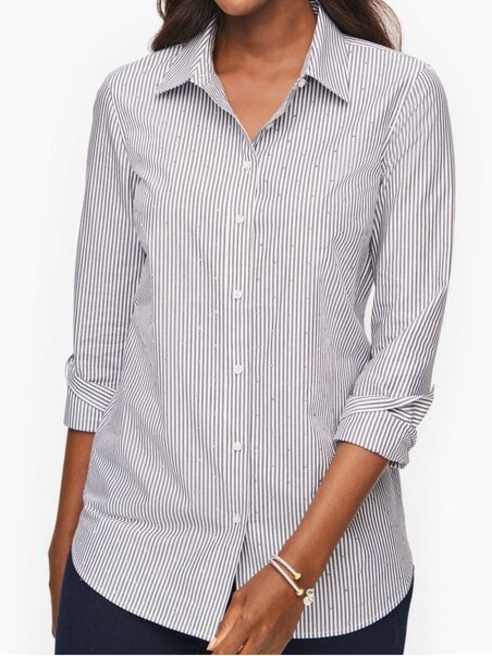 Talbots Sparkle Stripe Button Front Shirt Blue White Rhinestone L